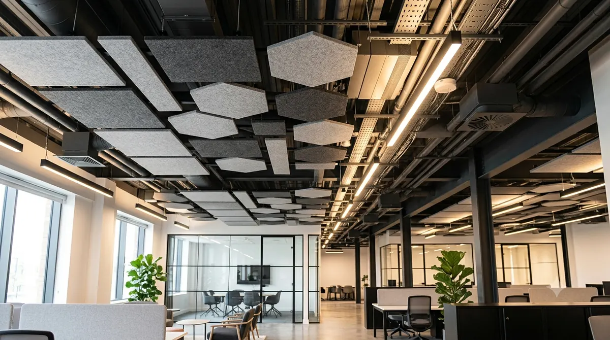 Open-plan office ceiling fitted with acoustic panels to reduce reverberation — commercial soundproofing project, Singapore