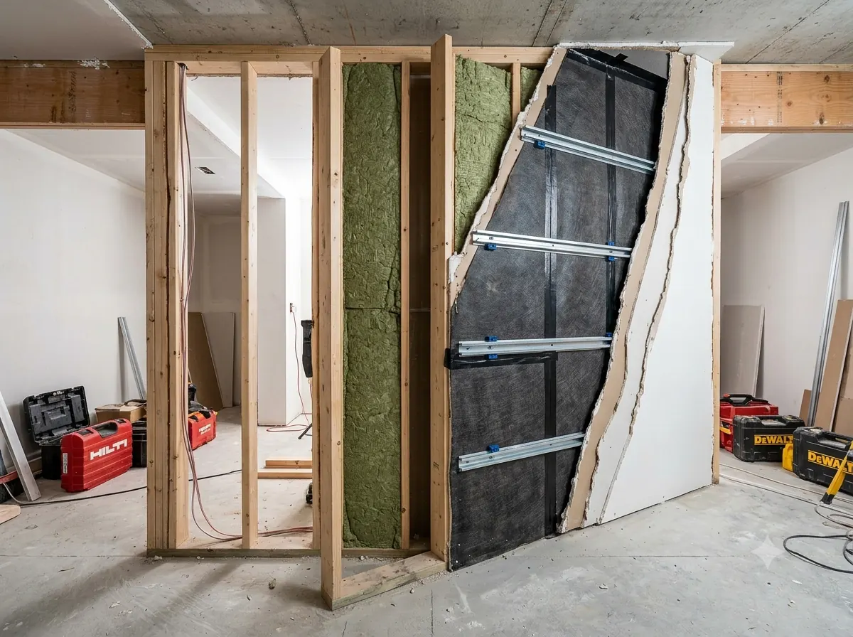 Home theatre party-wall sound isolation build-up showing staggered stud construction — residential soundproofing project, Singapore