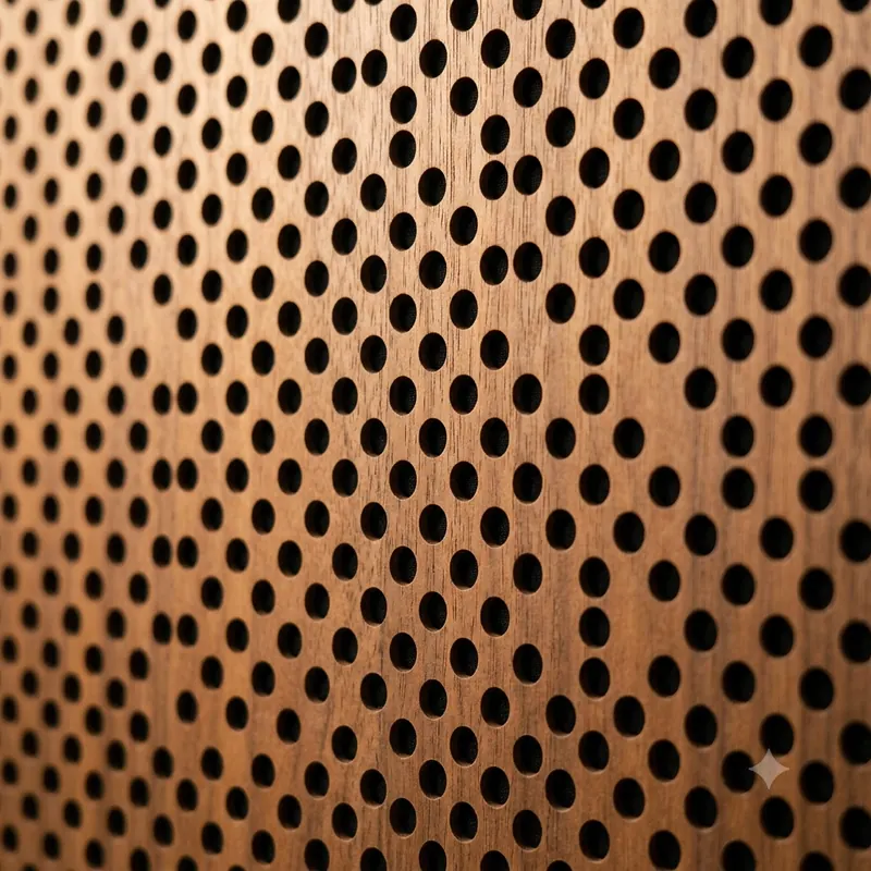 Perforated timber acoustic panel veneer — Class A fire-rated sound diffuser